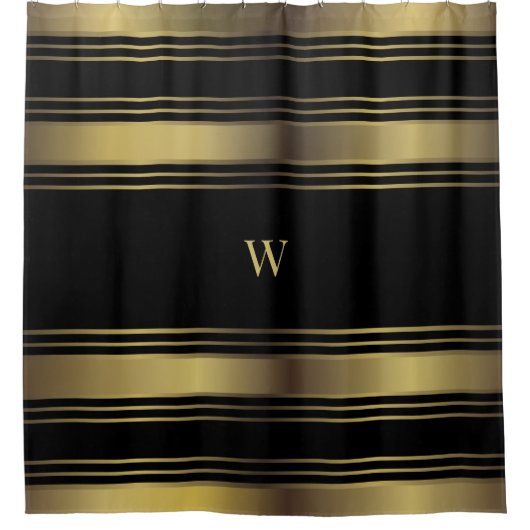 Schwarz und goldene Streifen Mit Monogramm Duschvorhang (Vorderseite)