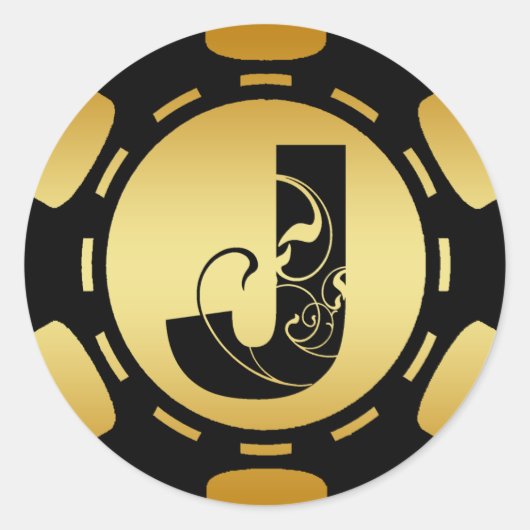 SCHWARZ- UND GOLDMONOGRAMM SCHREIBEN J POKER CHIP RUNDER AUFKLEBER (Vorderseite)