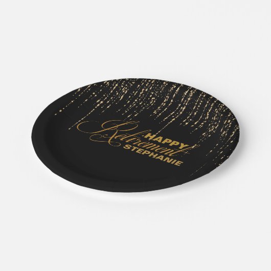 Schwarz-und Goldruhestands-Party-Teller Pappteller (Schrägansicht)