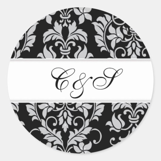 Schwarz und Grau Damask Hochzeitsgunst für Sticker (Vorderseite)