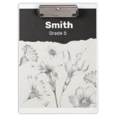Schwarz und Grau Elegante Blume Personalisiert Klemmbrett (Vorderseite)