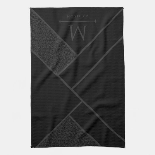Schwarz und Grau Moderne geometrische, gewellte Li Geschirrtuch (Vertikal)