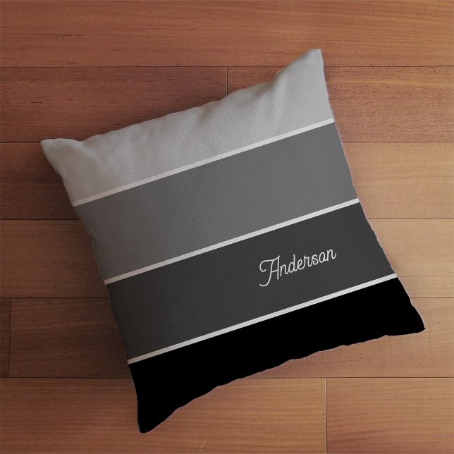 Schwarz und Grau | Ombre Stripes with Script Kissen (A neutral black and gray striped pillow with your name in script)