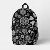 Schwarz und Grau Retro florale Kunst Nahtloses Mus Bedruckter Rucksack (Vorderseite)