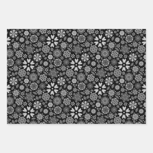 Schwarz und Grau Retro florale Kunst Nahtloses Mus Geschenkpapier Set (Vorderseite)