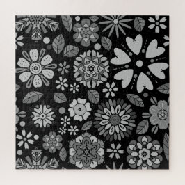 Schwarz und Grau Retro florale Kunst Nahtloses Mus Puzzle