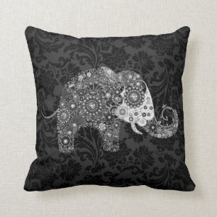 Schwarz- und Grautöne Retro-Blumenmuster Elefant Kissen