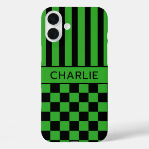 Schwarz und Grün Kariert Gestreift Personalisiert iPhone 16 Plus Hülle
