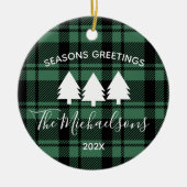 Schwarz und Grün Kariert mit Monogram Name Foto Ce Keramik Ornament (Vorne)