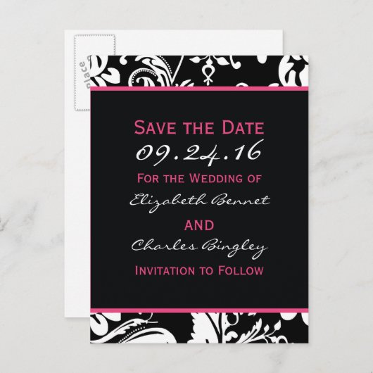 Schwarz und Heiß rosa Zeitgenössisch Save the Date Ankündigungspostkarte (Vorne/Hinten)