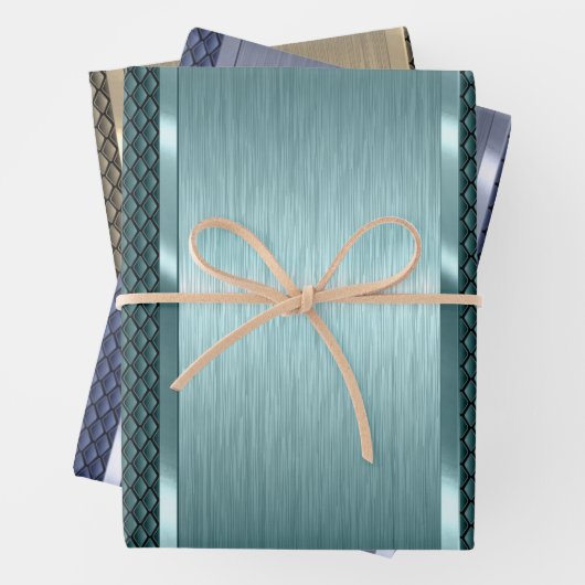 Schwarz und hellgrün, Gold und blaue Farbklemme Geschenkpapier Set (Beispiel)