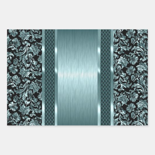 Schwarz und hellgrün, Gold und blaue Farbklemme Geschenkpapier Set (Vorderseite)