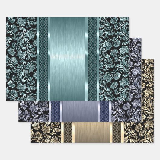 Schwarz und hellgrün, Gold und blaue Farbklemme Geschenkpapier Set (Set)