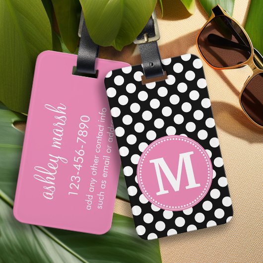 Schwarz und Hot Pink Polka Dots Custom Monogram Gepäckanhänger