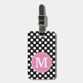 Schwarz und Hot Pink Polka Dots Custom Monogram Gepäckanhänger (Vorderseite vertikal)