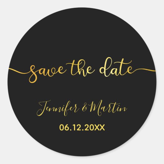 Schwarz und Imitate Gold Foil Ombre Save the Date Runder Aufkleber (Vorderseite)