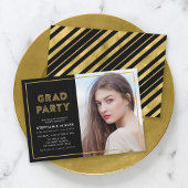 Schwarz und Imitate Gold Geometric Foto Grad Party Einladung