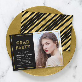 Schwarz und Imitate Gold Geometric Foto Grad Party Einladung