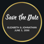 Schwarz und Imitate Gold Hochzeit Sichern Sie das  Runder Aufkleber<br><div class="desc">Diese Schwarz-Imitat-Goldhochzeit danke Ihnen Aufkleber kann mit dem Hochzeitstag personalisiert werden,  den Namen der Braut und Bräutigam. Der goldene Aussehstreifen ist keine Folie.</div>