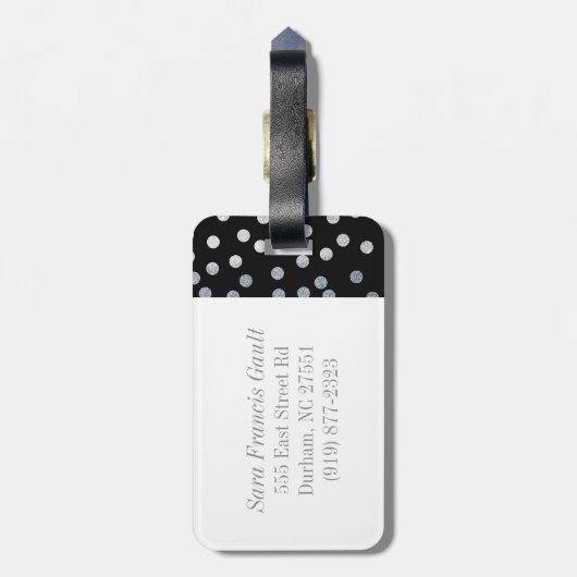 Schwarz und Imitate Silver Glitzer City Dots Monog Gepäckanhänger (Rückseite vertikal)