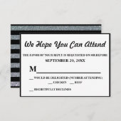 Schwarz und Imitate Silver Glitzer Stripe Wedding RSVP Karte (Vorne/Hinten)