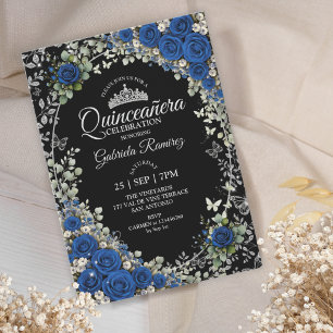 Schwarz und königlich Blau Quinceañera Silber Schm Einladung
