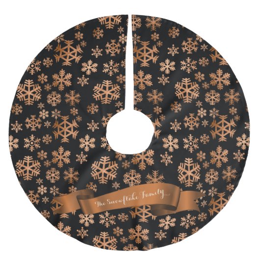 Schwarz und Kupfer Snowflake Weihnachtsbaumrock Polyester Weihnachtsbaumdecke (Vorderseite)