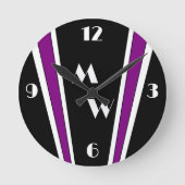 Schwarz und Lila Art Deco Design Mit Monogramm Runde Wanduhr (Vorderseite)