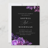 Schwarz und Lila Blumen - Gotische Hochzeit Einladung (Vorderseite)