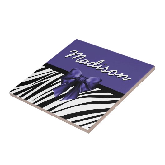 Schwarz und Lila Ribbon Bow Zebra Print Fliese (Seite)
