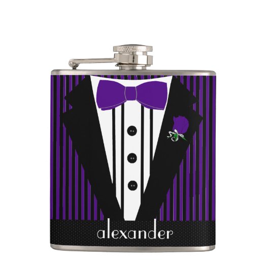 Schwarz und Lila Tuxedo - Trauzeugen Geschenk Flachmann (Vorderseite)