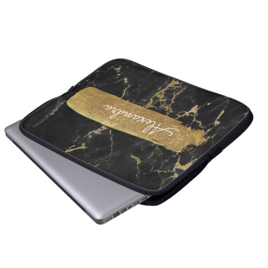 Schwarz und Marmor mit Goldfolie und Glitzer Laptopschutzhülle (Vorne Knopf)