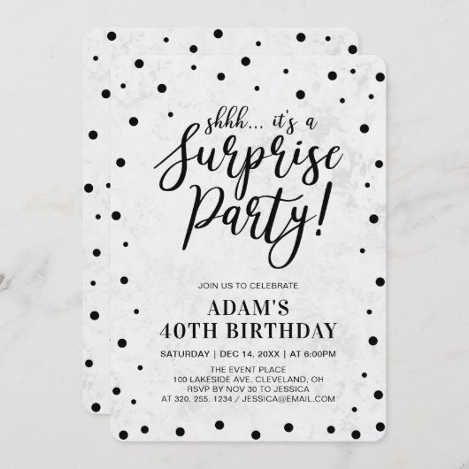 Schwarz und Marmor | Modern Surprise Birthday Part Einladung (Vorne/Hinten)