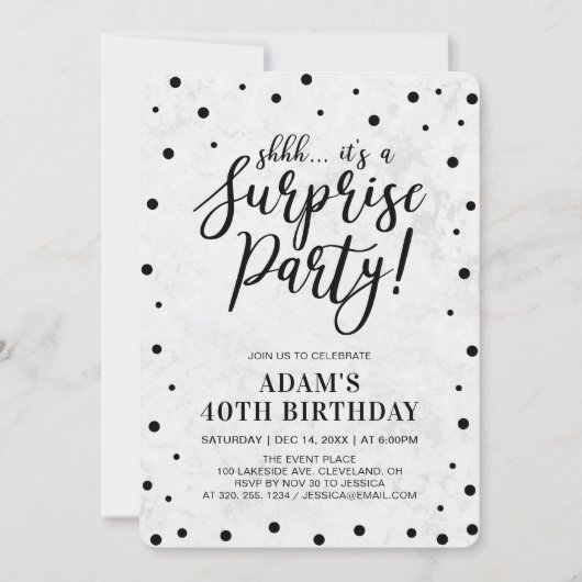 Schwarz und Marmor | Modern Surprise Birthday Part Einladung (Vorderseite)