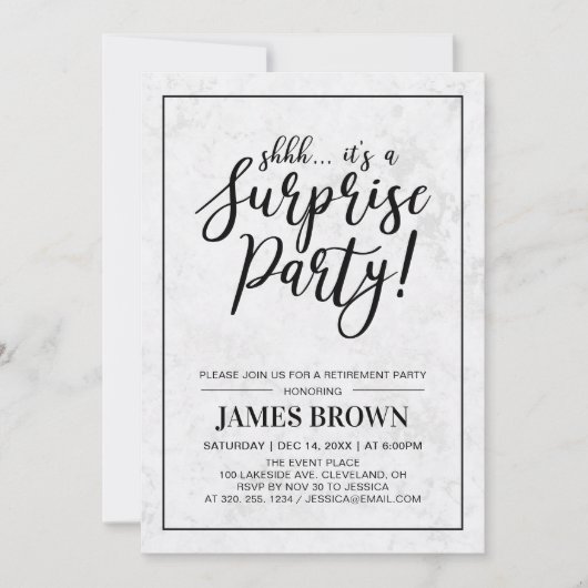 Schwarz und Marmor | Modern Surprise Retirement Pa Einladung (Vorderseite)
