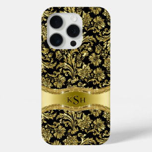 Schwarz- und Metallgold-Blumendamast mit Monogramm Case-Mate iPhone Hülle