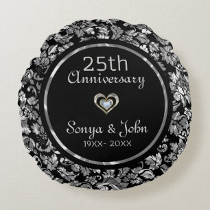 Schwarz und Metallic Silber 25. Hochzeitstag Rundes Kissen