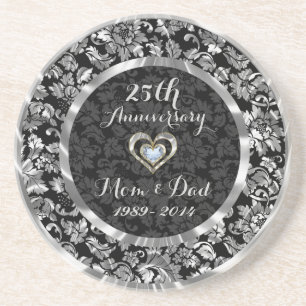Schwarz und Metallic Silber 25. Hochzeitstag Untersetzer