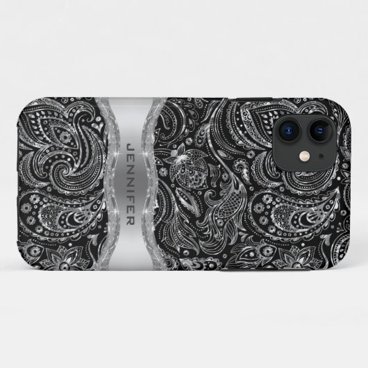 Schwarz und Metallisch Silber Floral Paisley Case-Mate iPhone Hülle (Rückseite (Horizontal))