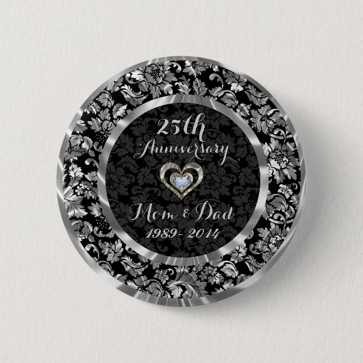 Schwarz und Metallisches Silber 25. Hochzeitstag Button (Vorderseite)