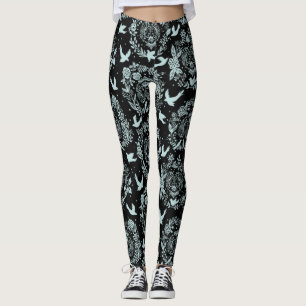 Schwarz und mintgrüne Blumen und Vögel Leggings