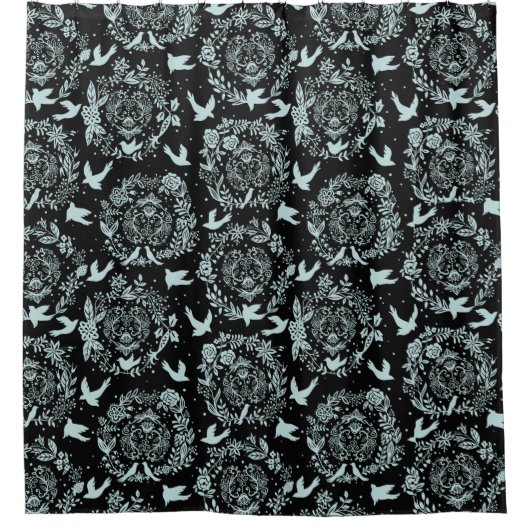 Schwarz und Minze Grüne Blüten und Vögel Duschvorhang (Vorderseite)