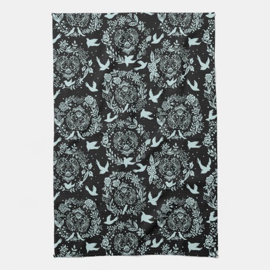 Schwarz und Minze Grüne Blüten und Vögel Geschirrtuch (Vertikal)