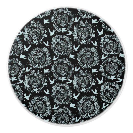 Schwarz und Minze Grüne Blüten und Vögel Keramikknauf (Vorderseite)