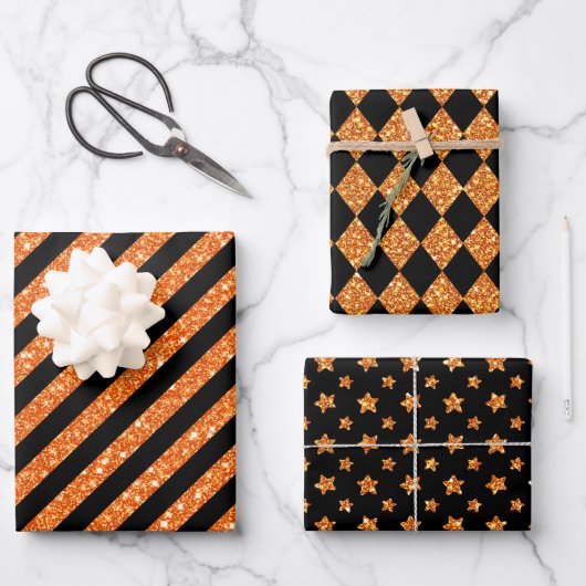 SCHWARZ- UND ORANGE-GLITZER SEHEN HALLOWEH AUS GESCHENKPAPIER SET (Vorderseite)