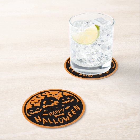 Schwarz und Orange Happy Halloween Runder Pappuntersetzer (Vor Ort)