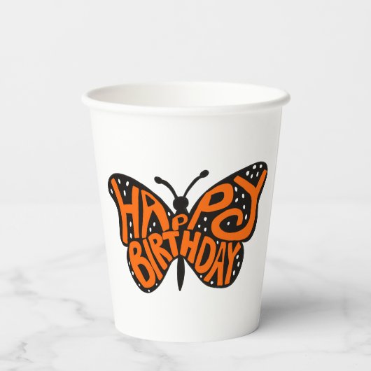 Schwarz und Orange Monarch Butterfly zum Geburtsta Pappbecher (Rückseite)