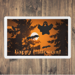 Schwarz und Orange Spooky Halloween Night Szene Acryl Tablett