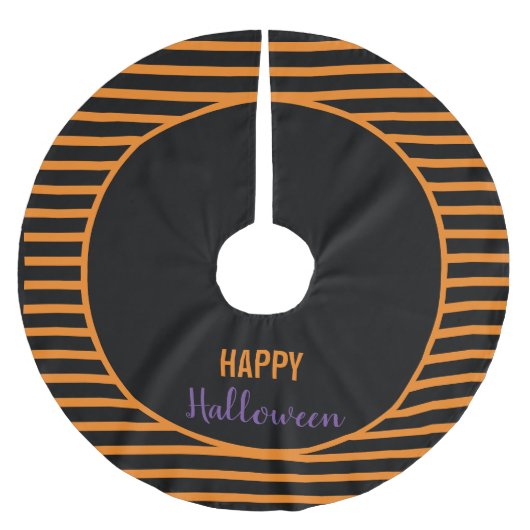Schwarz und Orange Streifen glücklich Halloween Polyester Weihnachtsbaumdecke (Vorderseite)