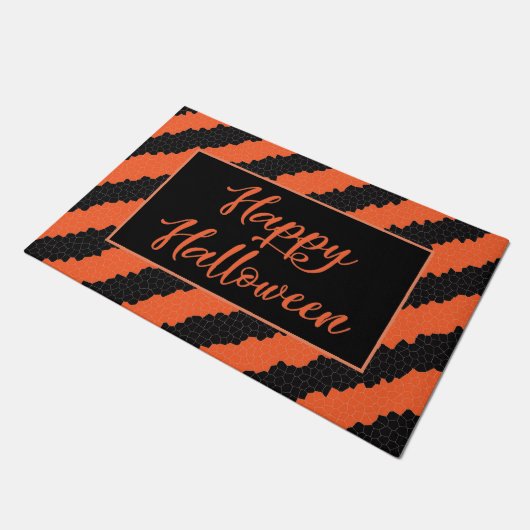 Schwarz und Orange Stripe Spaß glücklich Halloween Fußmatte (Schrägansicht)